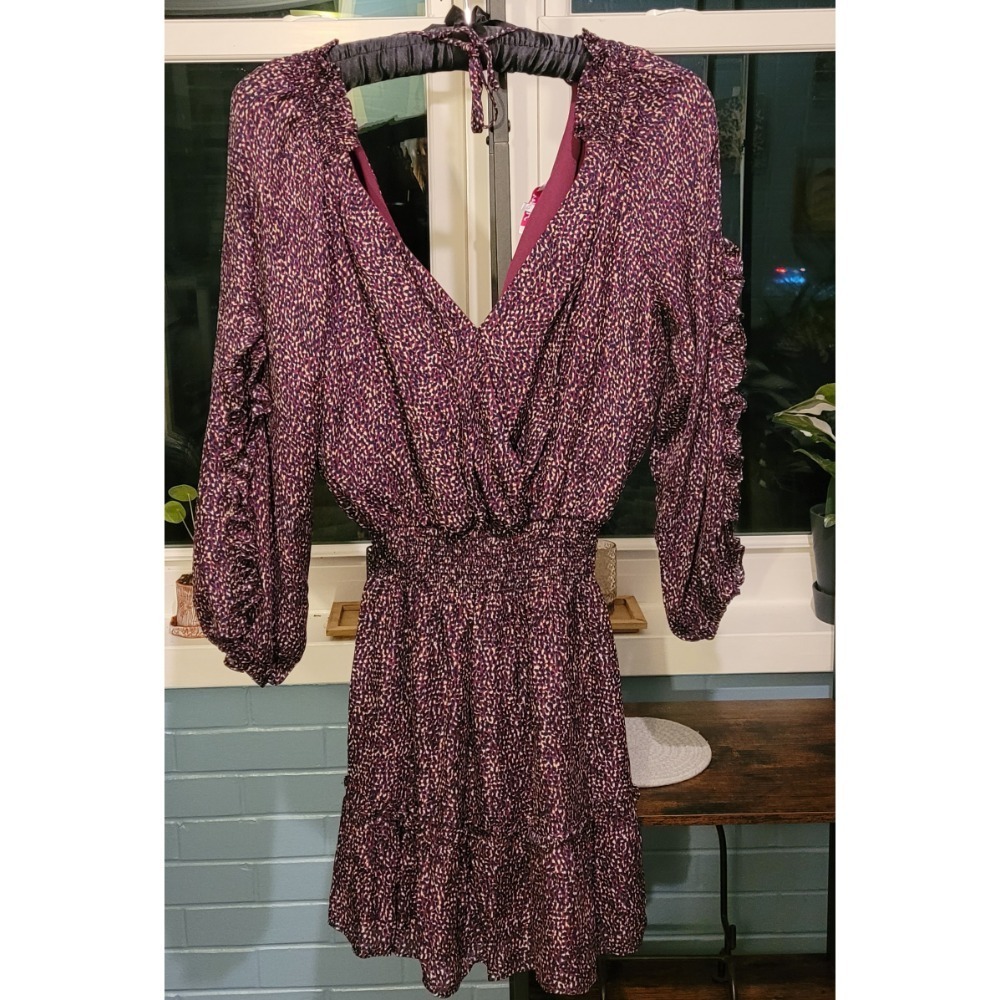 Parker Ruffle Mini Dress Smocked Waist Long Sleeve V Neck Purple Dress Size 4‎